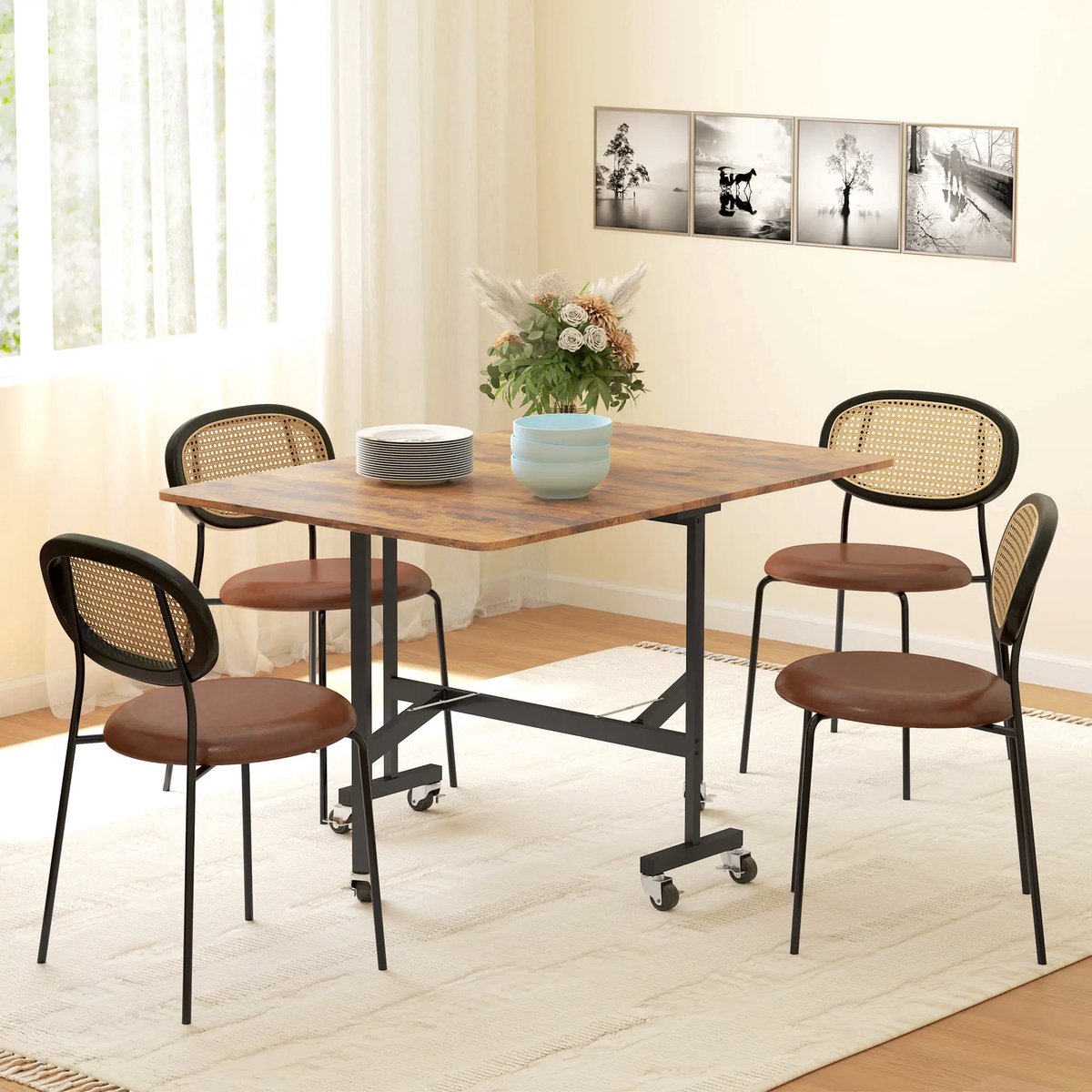 Pugsdrly Opvouwbare eettafel, geschikt voor maximaal 6 personen, met 6 wieltjes en remmen, voor kleine ruimtes, bruin