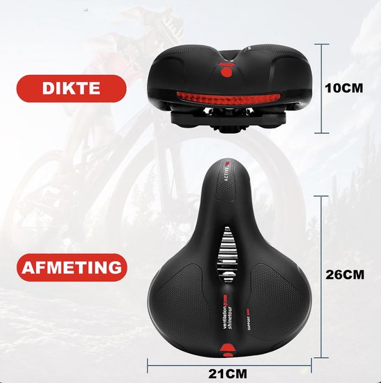Zwart fietszadel, breedte 21cm, lengte 26cm, hoogte 10cm, met reflectiestrip.