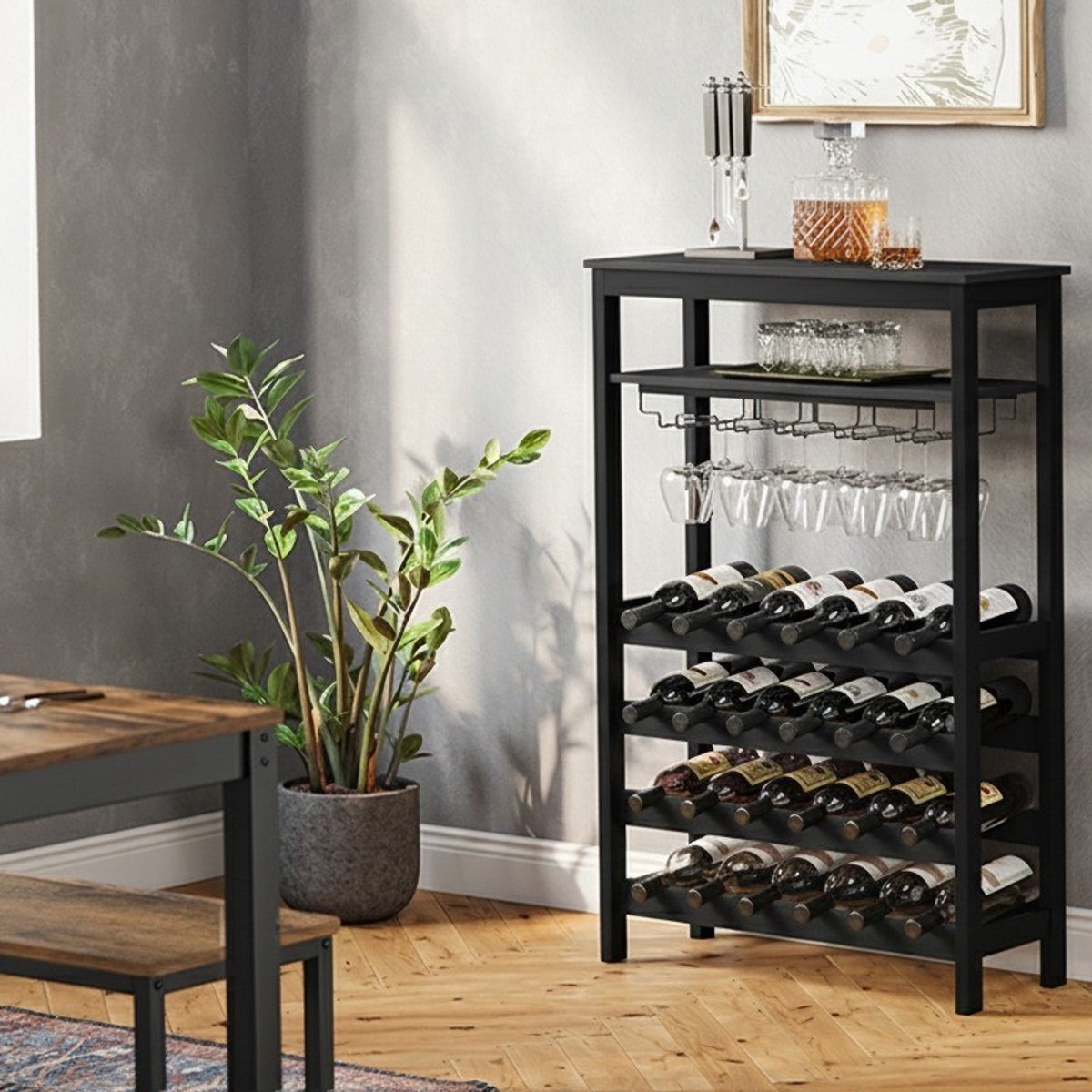 VinoDiMontagna Wijnrek - Wijnkast - Metaal - Hout - Flessenrek voor 24 flessen met Glashouder - 99 x 65 x 29 cm (L x B x H) - Zwart – foto 3