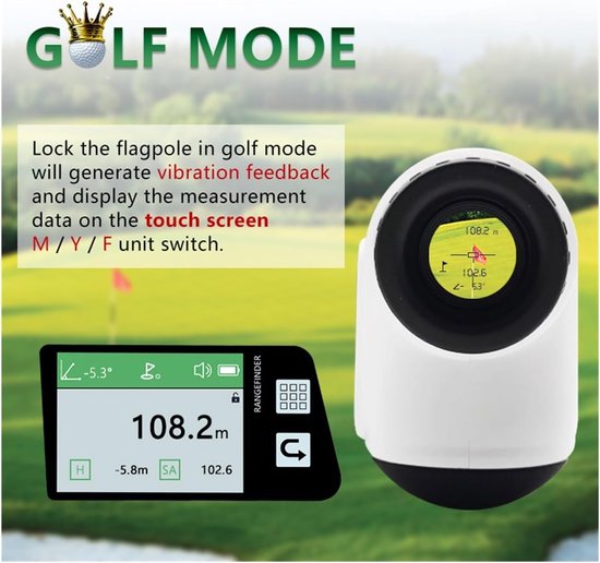 PolkaHome Digitaal golf rangefinder - golf afstandsmeter / golf range finder - golf accessoires - golfafstandsmeter 1000m met zijdisplay, hellingscompensatie, trilfunctie & spraakuitzending - USB-C oplaadbaar van Merkloos — afbeelding 5
