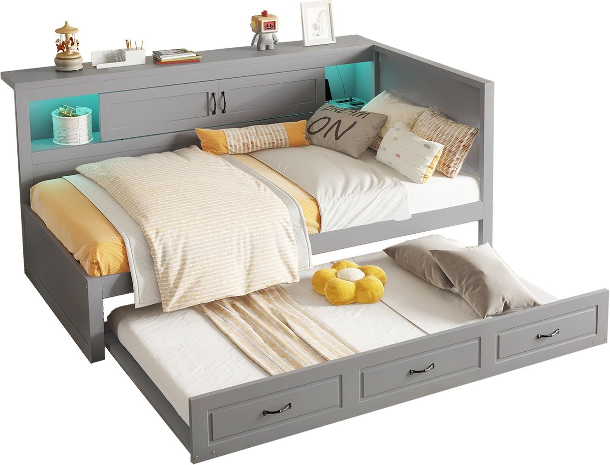 Merax Slaapbank met LED-verlichting - opbergvak naast het bed - uitschuifbaar bed - USB-aansluiting - zonder matras - grijs - 90x200 cm