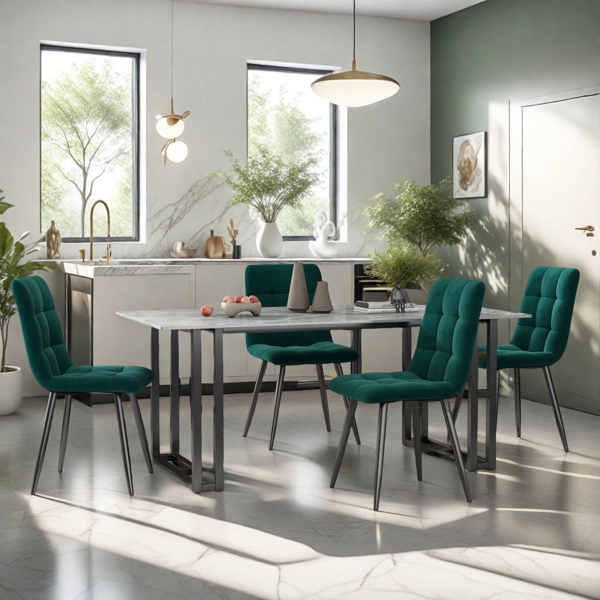 Eetkamerstoelen set van 4, donkergroen, keukenstoel met fluwelen bekleding, woonkamerstoel met rugleuning, gestoffeerde stoel met metalen poten, ergonomische stoel voor eettafel – foto 3
