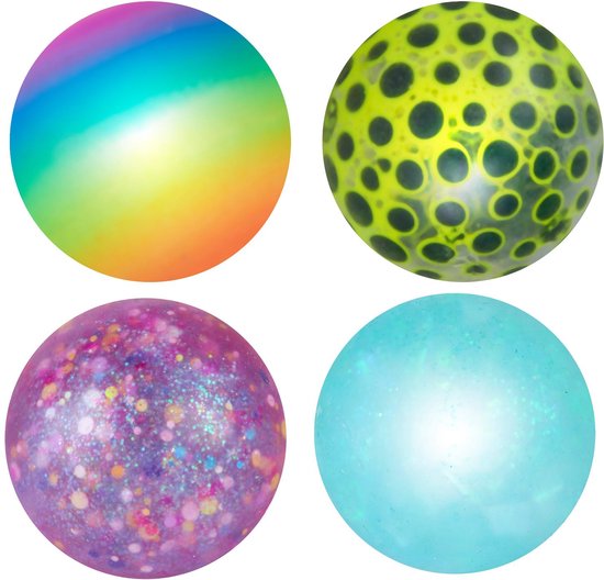 Eddy Toys Squish Ball 4 Stuks - Squeeze Ball Squeezable - Balles à presser Set 4 Stuks - Balle Squishy avec Différents Designs - Arc-en-ciel, Paillettes et Points - 5 cm