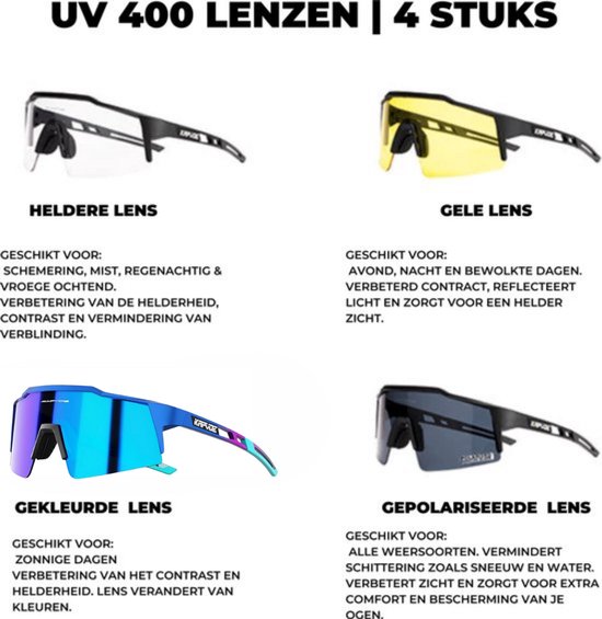 KAPVOE Sport Zonnebril - COMPLETE SET - 4 GLAZEN - Fietsbril - Sportbril - Mountainbike - Ski - Wintersport - Sneeuw - Polariserend - UV 400 - Nachtbril - Frame voor Zonnebril op Sterkte - Hoesje -Brillenkoker - Dames en Heren - BLAUW van Merkloos — afbeelding 4