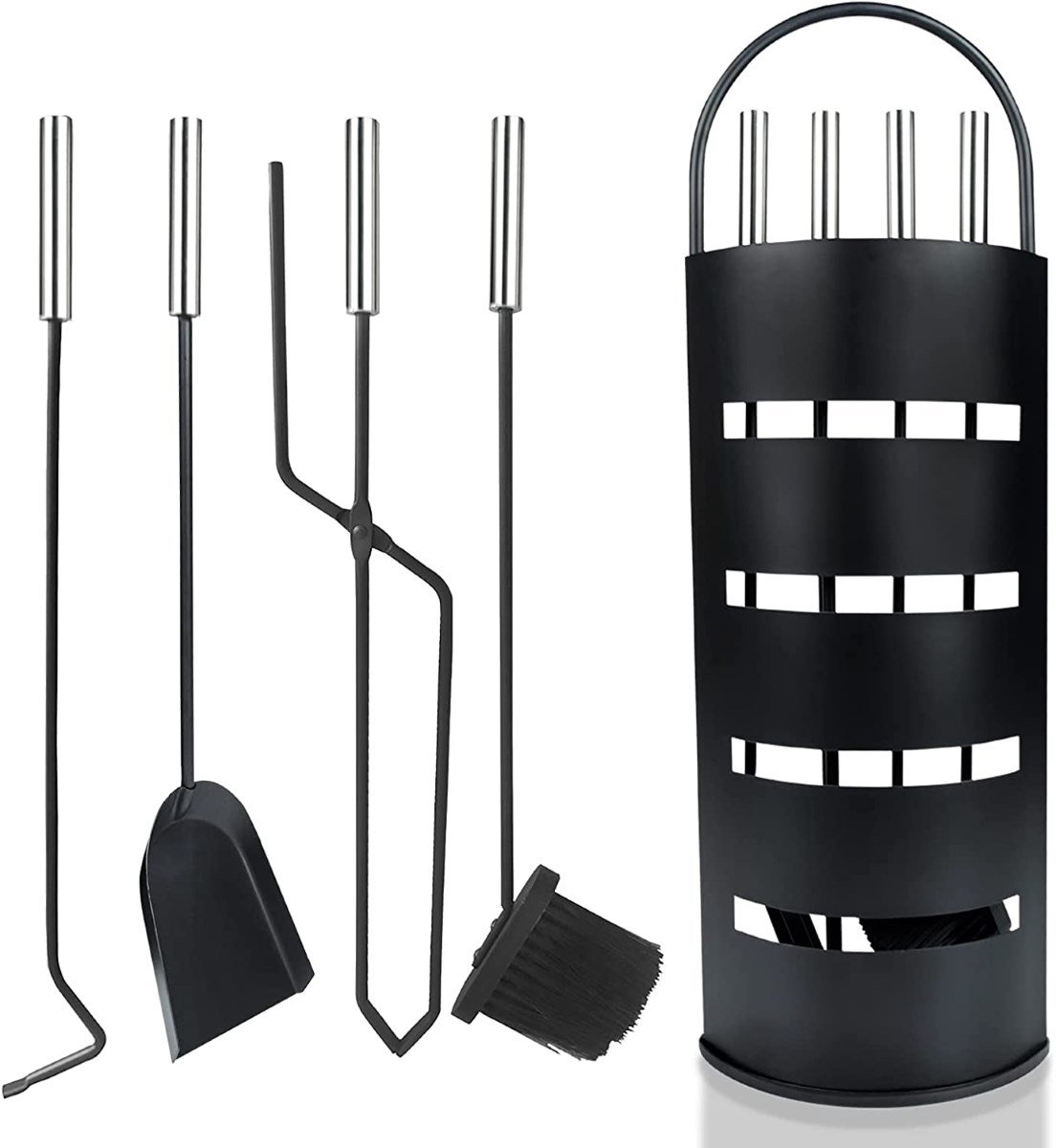 Ceruzo Openhaardset RVS Zwart - 5 delig- Haardset-Houtkachel- Veger Tang Pook Schep-H66 x 22 x 16 cm