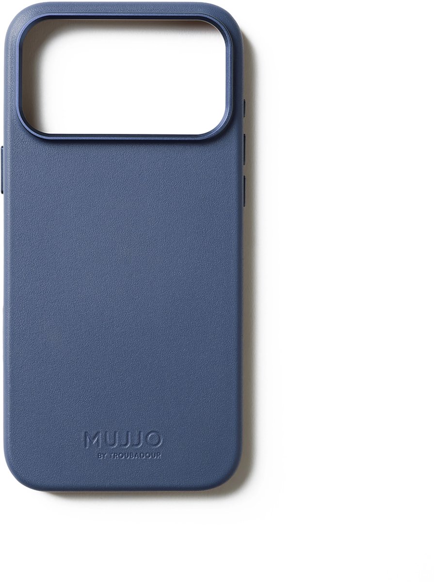 Mujjo Volledig lederen hoesje iPhone 17 Pro Max – 1mm verhoogde leren rand voor schermbeveiliging – Unieke patina over tijd – Gemaakt van fijnkorrelig Deens kalfsleer - Blauw