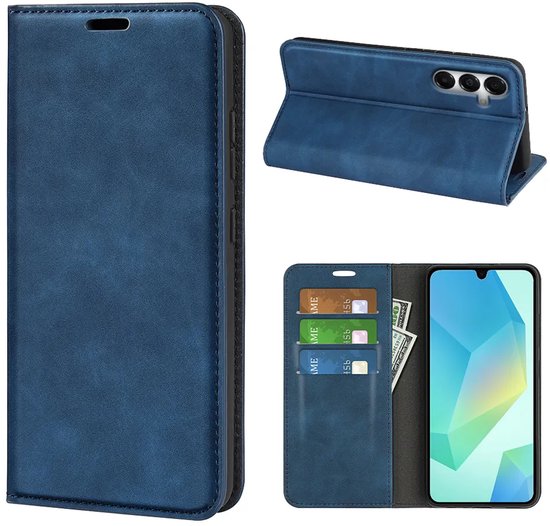 Blauw telefoonhoesje in gesloten, staande en open positie met kaarthouders.