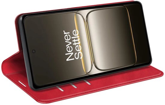 Rood portemonneehoesje met een OnePlus telefoon erin geplaatst, in staande modus.