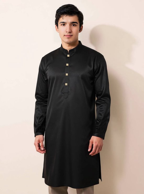 Atasi Mandarijn kraag Heren Kurta Shirt Solid Katoen Flex Lange Kurta voor Jongens, Groen, M