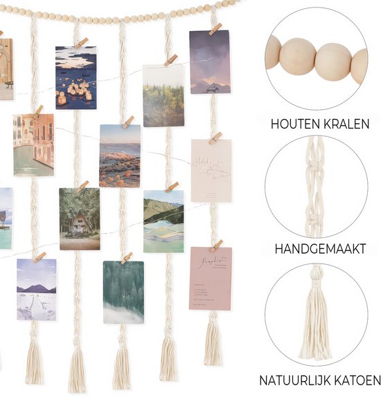 Macramé Wandkleed Fotohanger met 20 Mini Knijpers - Handgemaakt Fotorek\Fotokader Memobord - Fotolijst Collage Kaartenhouder - Boho Woonkamer Fotohouder -Woonkamer Wanddoek Tapestry Fotoslinger -Slaapkamer Fotoslinger - Fotodraad Decoratie