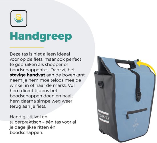 Voltano E-bike Shopper Enkele Fietstas - Ice Blauw / Zwart - 27 Liter - 100% Waterdicht - Extra Schouderband van Voltano — afbeelding 3