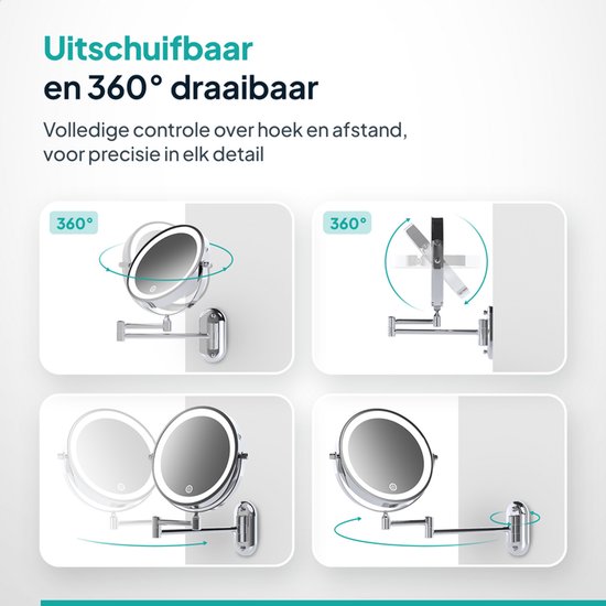 Mirlux Make Up Spiegel met Led Verlichting - Oplaadbaar - 10X Vergroting - Vergrootspiegel met Licht - Scheerspiegel - Badkamerspiegel - Chroom