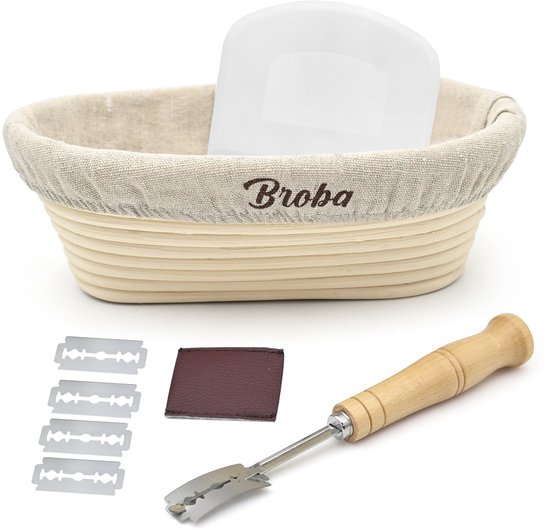 Rijsmand 25cm met Deegschraper en Deegmesje - Ovaal Rijsmandje voor Broodbakken - Geschikt voor Zuurdesem - Broodmand - Brood Bakken met Deegsnijder - Deegsteker
