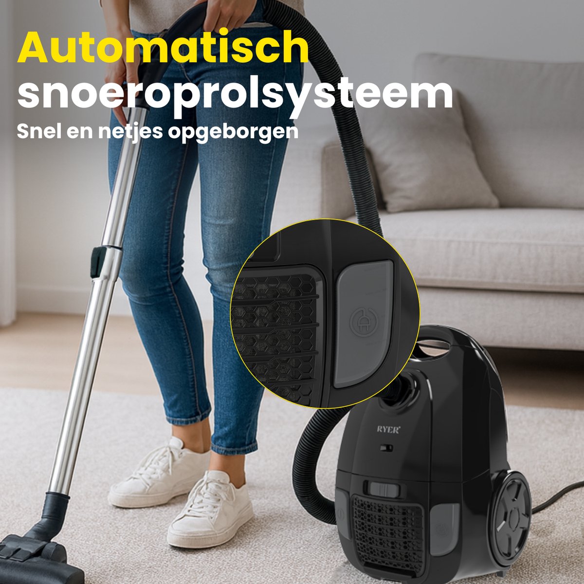 RYER - Stofzuiger met Zak - Krachtig 850W - Stil - 12m Actieradius - HEPA - Drie Mondstukken - Vacuum Cleaner - MotionPro Serie — afbeelding 5
