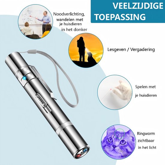 Zilveren laserpen, veelzijdig inzetbaar: noodverlichting, wandelen met huisdieren, lesgeven, ringworm controleren.