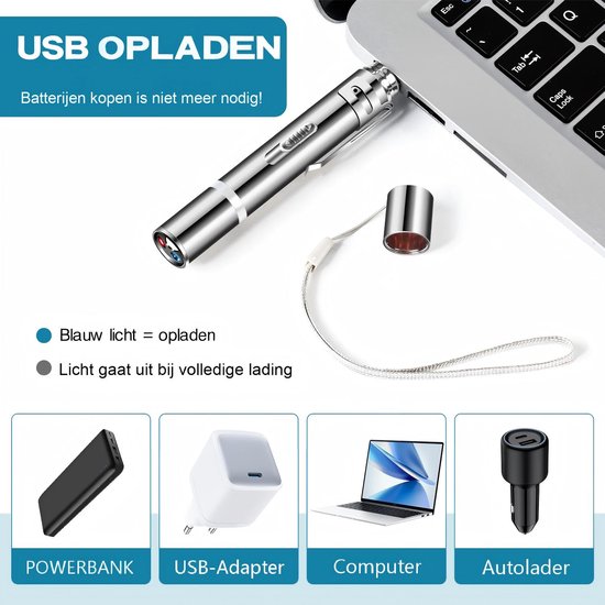 Zilveren laserpen opgeladen via USB-poort van laptop, powerbank, USB-adapter of autolader.