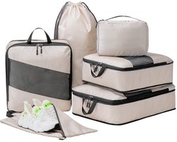 6-Delig Reis Opbergzak Set - Geschikt voor Reizen - Eenvoudig Organiseren en Ruimte Besparen - Comprimeerbaar - Snel In- en Uitpakken - Essentieel Reiskoffer Accessoire - Musthave voor Zakenreizen, Cruises, Kamperen, Vakanties (Beige)