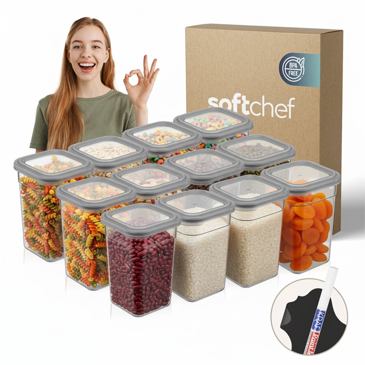 Soft Chef Soft Box Slim Square 12-delige bewaardoos set (12 × 1250 ml) – Vierkante voedselcontainers – BPA-vrij, luchtdicht, stapelbaar – Inclusief labels & marker