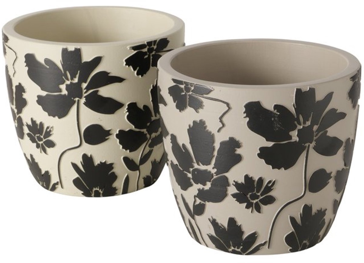 Boltze - Set van 2 - Bloempotten - Esra - Creme en Grijs met zwarte bloemen - 11x13cm