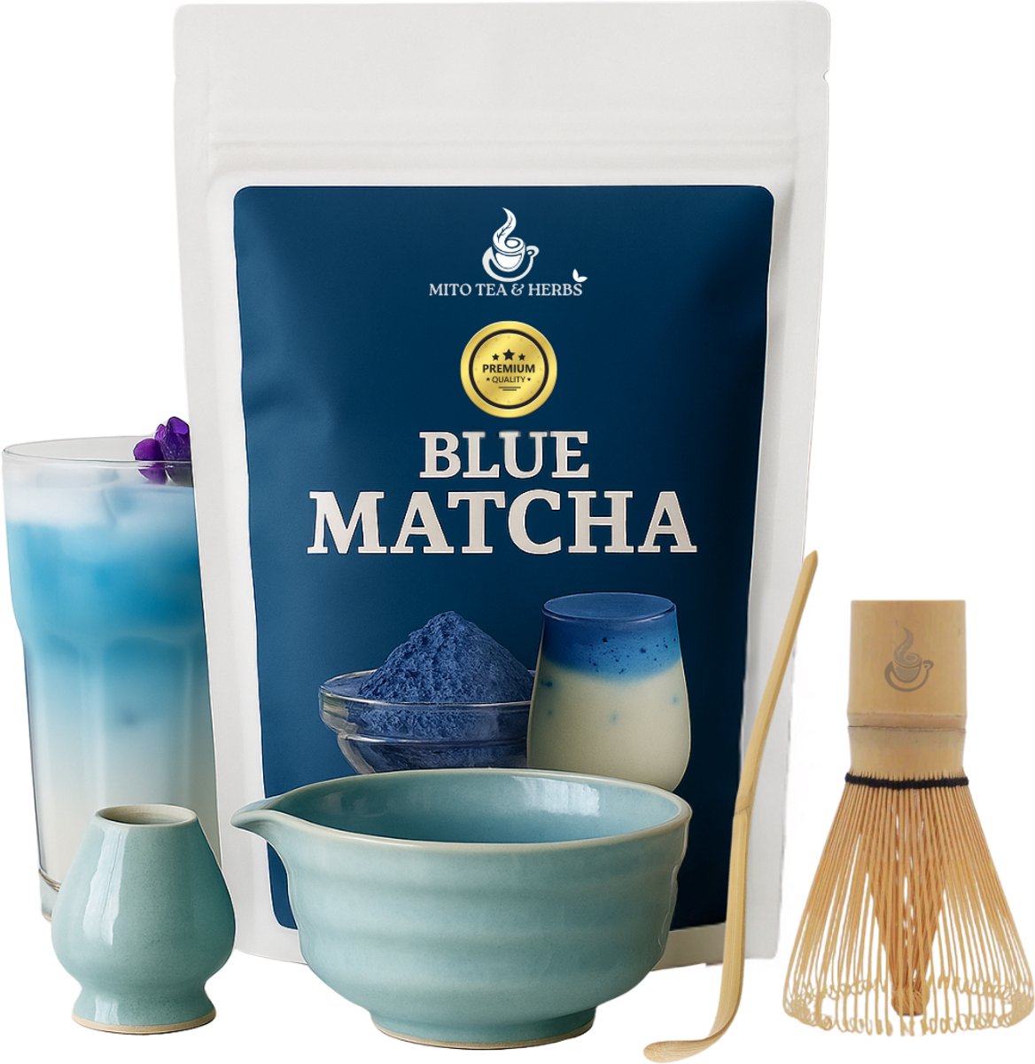 Blue Matcha Starters Kit - Matcha Latte - Kom van Keramiek - Bamboe Klopper - Garde Houder - Houten Scoop Lepel - Blue matcha 50 gram - Receptenkaart - Complete Matcha set