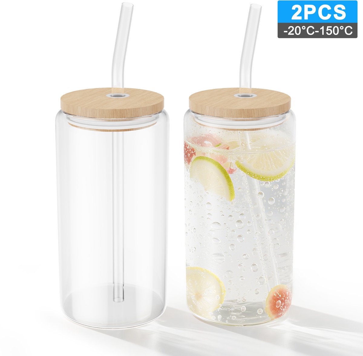 NAIZY Drinkglazen met deksel en rietje 550ml glazen bekers glazen glazen met reinigingsborstel matcha glazen glazenset voor ijskoffie latte macchiato cocktails, 2 stuks