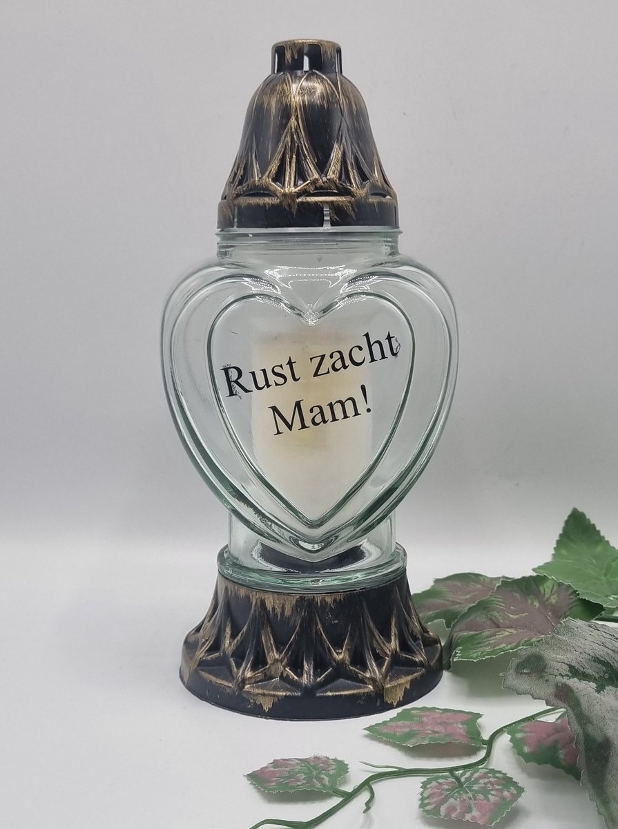 Herdenkingslicht - P39 - Goud - Transparant glas - Rust zacht mam! - Grafkaars – Graflicht