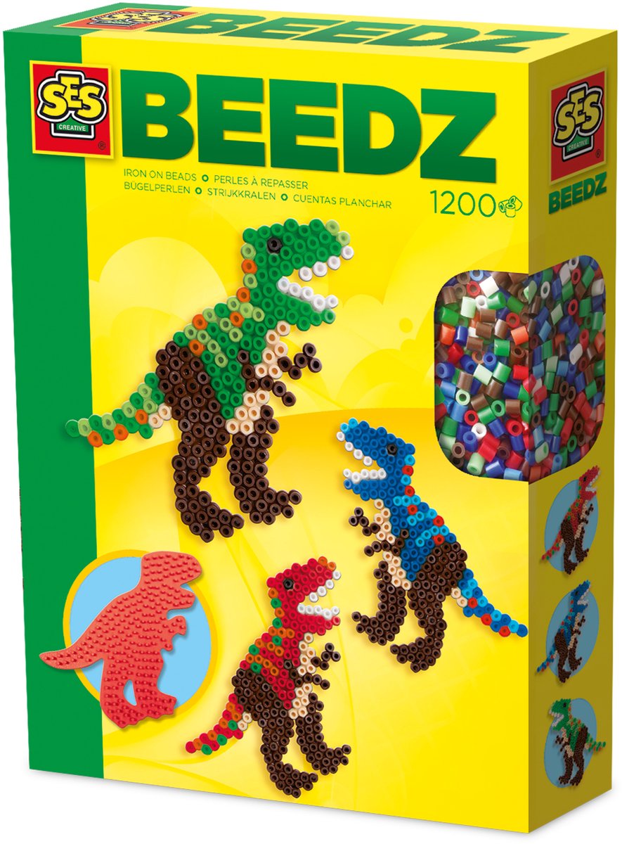 SES Creative - Beedz - Dino - T-Rex - 1200 Strijkkralen met Grondplaten en Strijkvellen - Vanaf 5 Jaar