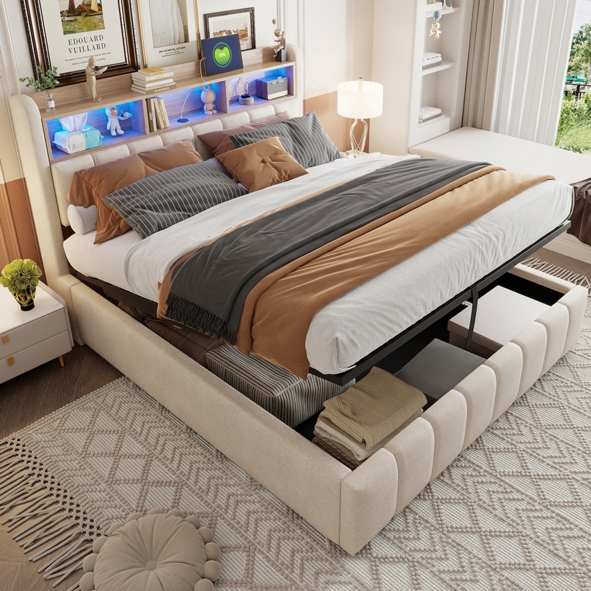 Komhtom Gestoffeerd bed 180*200 cm met ledverlichting en USB-aansluiting, hoofdeinde met planken en opbergruimte, met hydraulisch systeem voor opbergen, tweepersoonsbed voor volwassenen, beige linnen stof