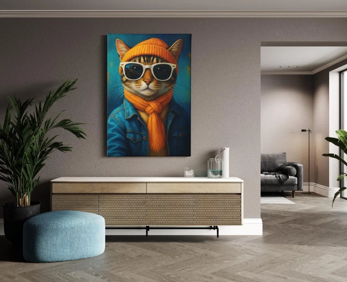 Trendex Global Canvas Schilderij - Dieren - Kat met Zonnebril - 120x80x2 cm Blauw