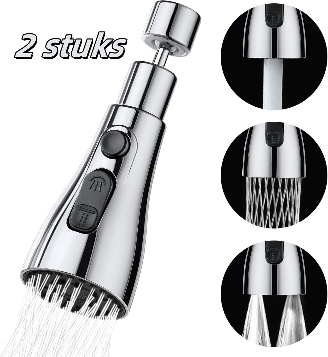 2 stuks - Kraan opzetstuk - 360 graden draaien - 3 standen - Afwassen - Keukenkraan - Waterbesparend -Flexibele kraankop - Verlengstuk - Kraanonderdelen - Roterende kraanslang - Kraan mondstuk - Silver