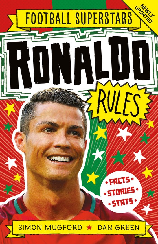 Boek met Cristiano Ronaldo, 'Ronaldo Rules', 'Football Superstars', 'Facts', 'Stories', 'Stats'.