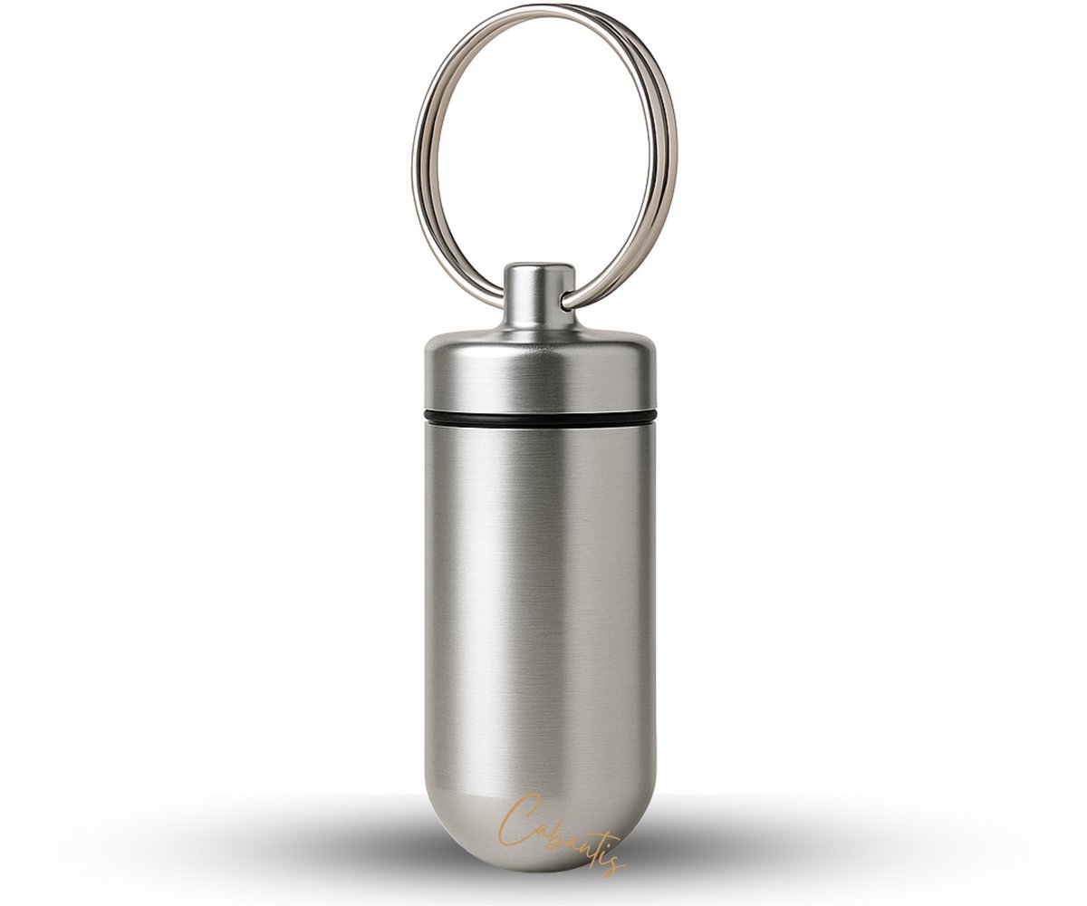 Cabantis® Mini Pillendoos Sleutelhanger – Waterdicht Aluminium Medicijndoosje – Compact Pillen Organizer voor Onderweg – Sleutelhanger voor Pillen & Vitamines -Zilver