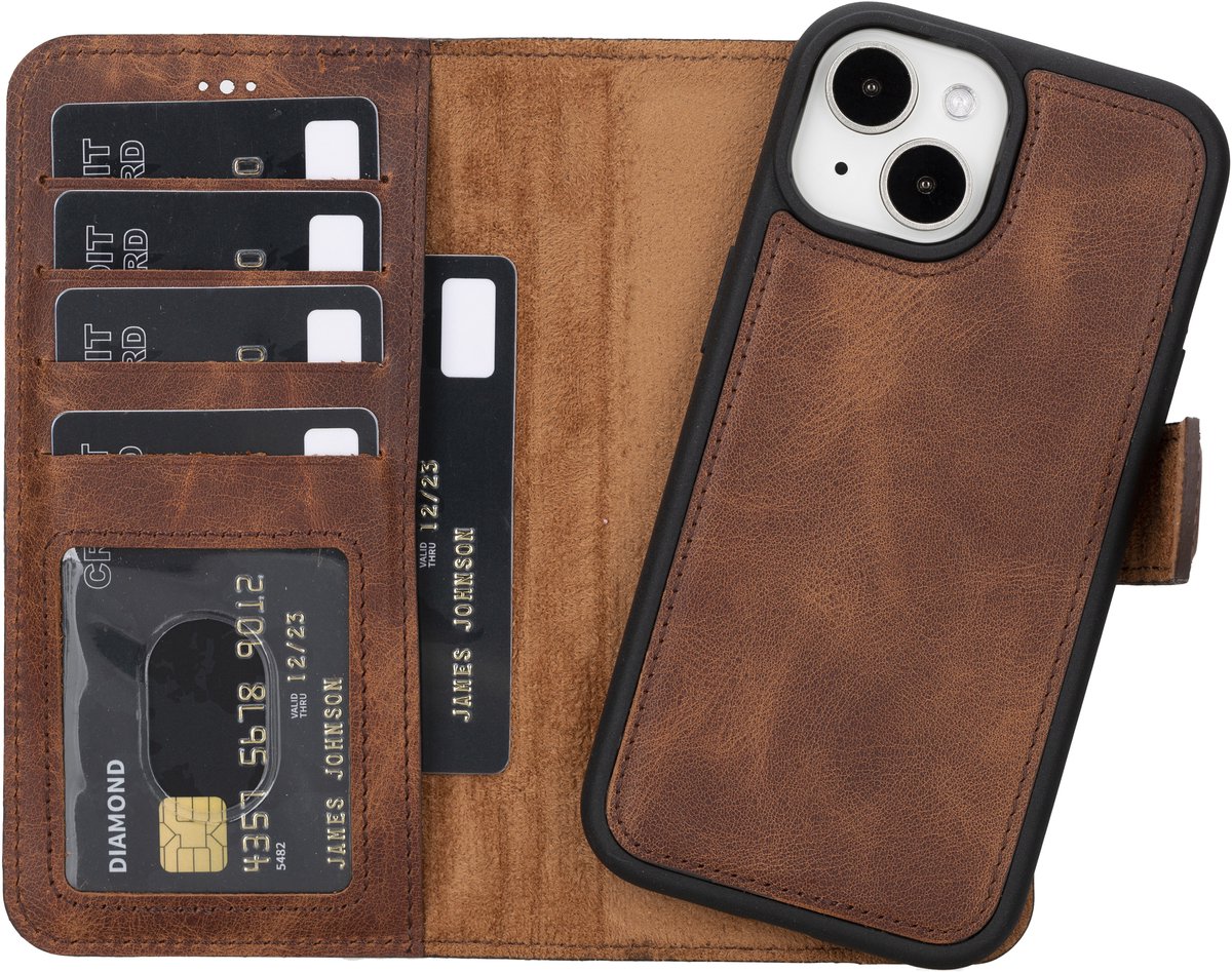 Lykke iPhone 15 Hoesje – Echt Leren Wallet Case met MagSafe – Uitneembare Backcover – Bruin