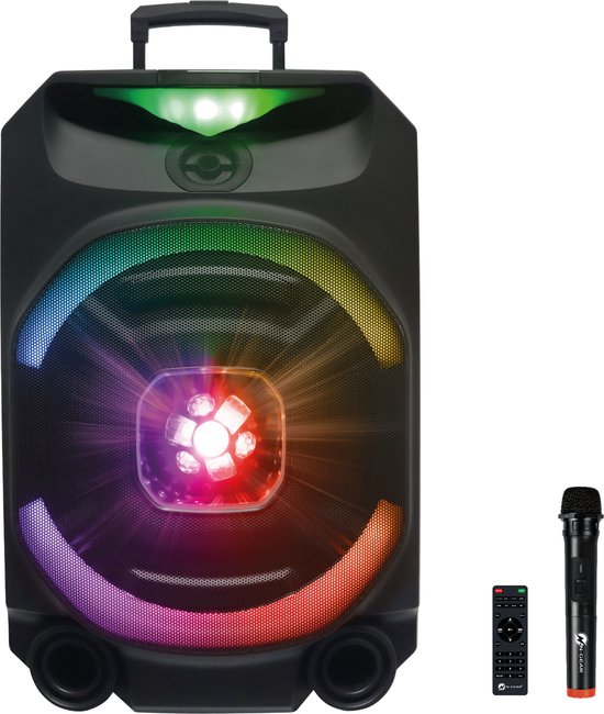 Enceinte Bluetooth noire avec spectacle de lumière LED autour du haut-parleur, unité centrale éclairée, microphone et télécommande.