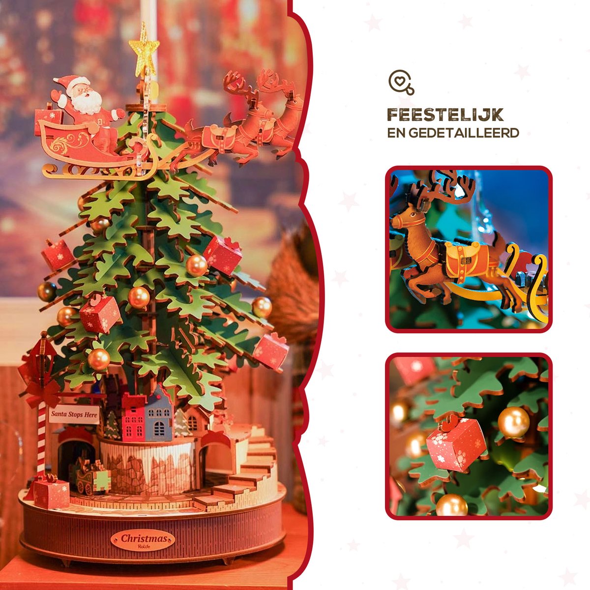 Robotime Christmas Melody Tree 3D Houten Muziekdoos – Kerstboom Bouwpakket – 319 Onderdelen - 30x30x40cm — afbeelding 10