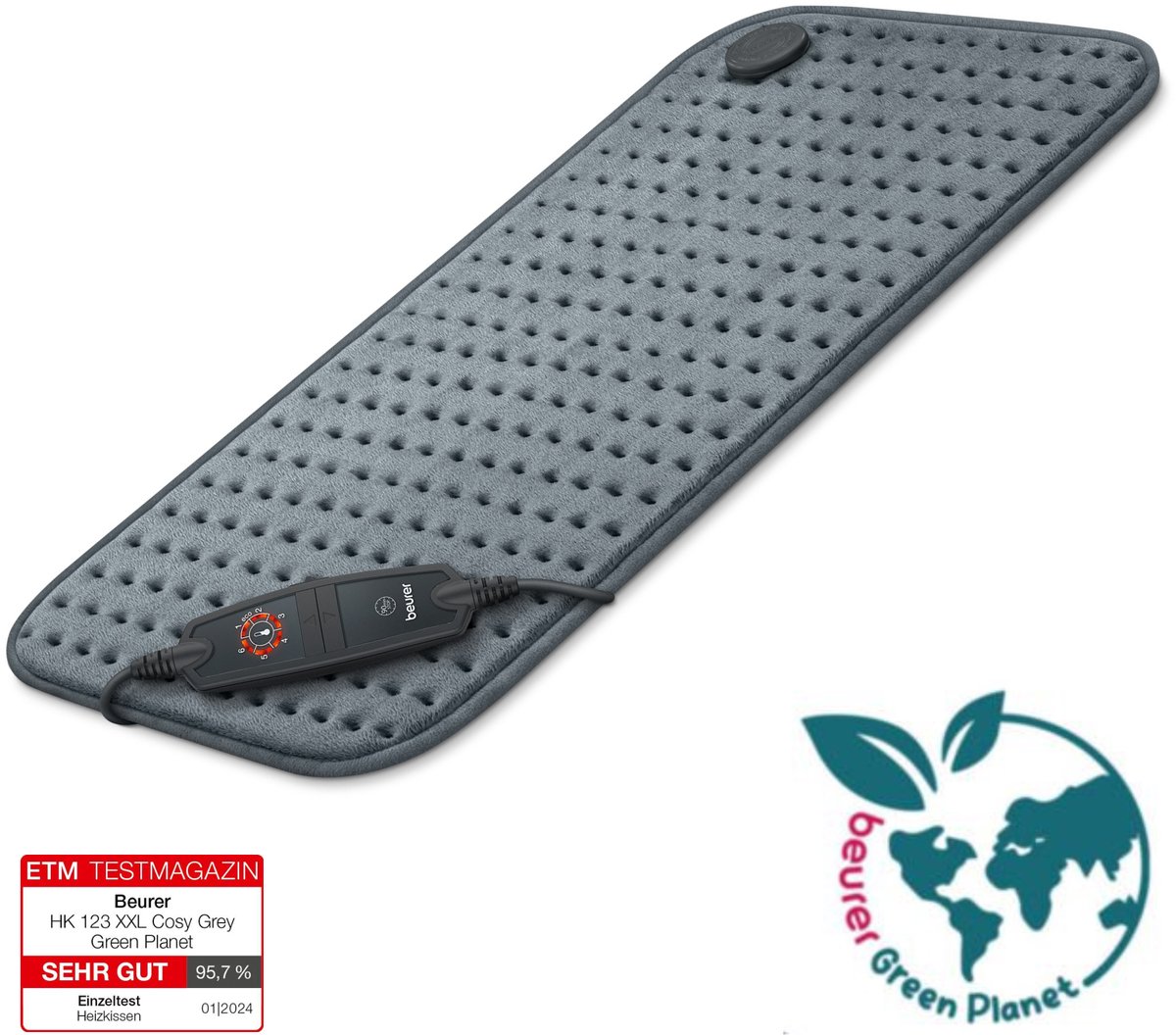 Beurer Elektrisch Warmtekussen XXL | Heating pad | 60 x 30 cm | HK 123 Green Planet | Nordic | 3 Warmtestanden/2 Eco-standen | Max 65°C | Snelle opwarming | Automatische uitschakeling | Ultrazachte fleece | Machinewasbaar | 3 Jaar garantie | Grijs