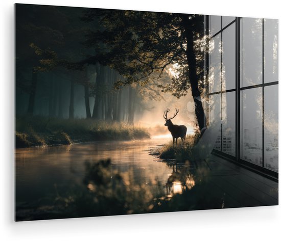 MuchoWow® Glasschilderij 120x80 cm - Schilderij acrylglas - Hert - Bosbeek - Mystiek - Foto op glas - Muurdecoratie woonkamer - Wanddecoratie slaapkamer - Schilderijen