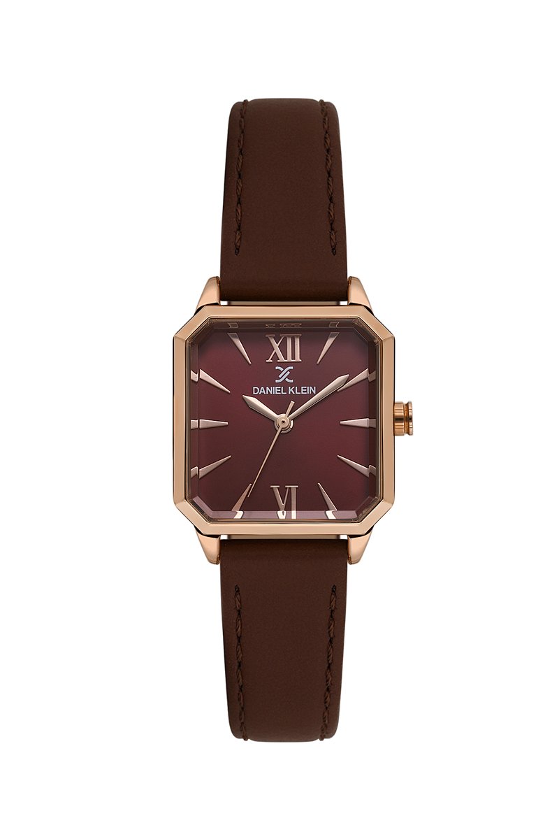 Daniel Klein DK.1.13939-6 - Horloge - Polshorloge - Analoog - Dames - Vrouwen - Leren band - Metaal - Achthoek - Romeinse cijfers - Driehoekige strepen - Bordeauxrood - Rosékleurig- Wit