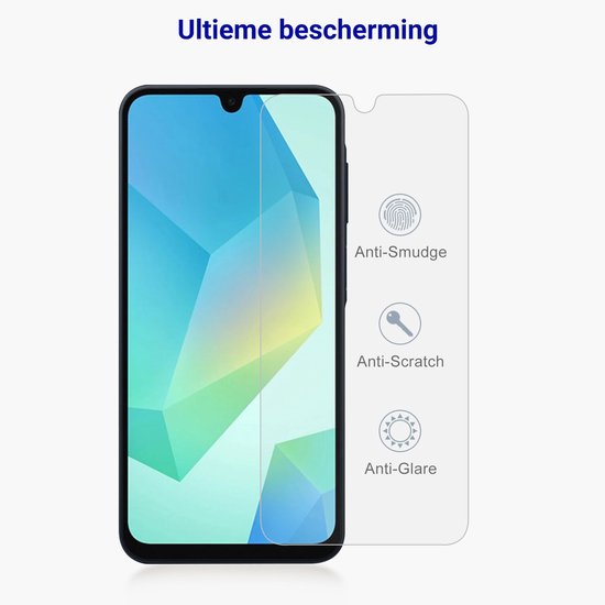 Transparante screenprotector met 'Anti-Smudge', 'Anti-Scratch' en 'Anti-Glare' iconen.