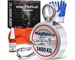 Magfishion Dubbelzijdige Magneetvissen Set 1400 KG - Vismagneet - 20 Meter Lang Touw + Karabijnhaak met Schroefsluiting - Handschoenen - Borgmiddel - Magneetvissen Starterspakket - Magneet Vissen - Outdoor - Magneetvissen Kinderen