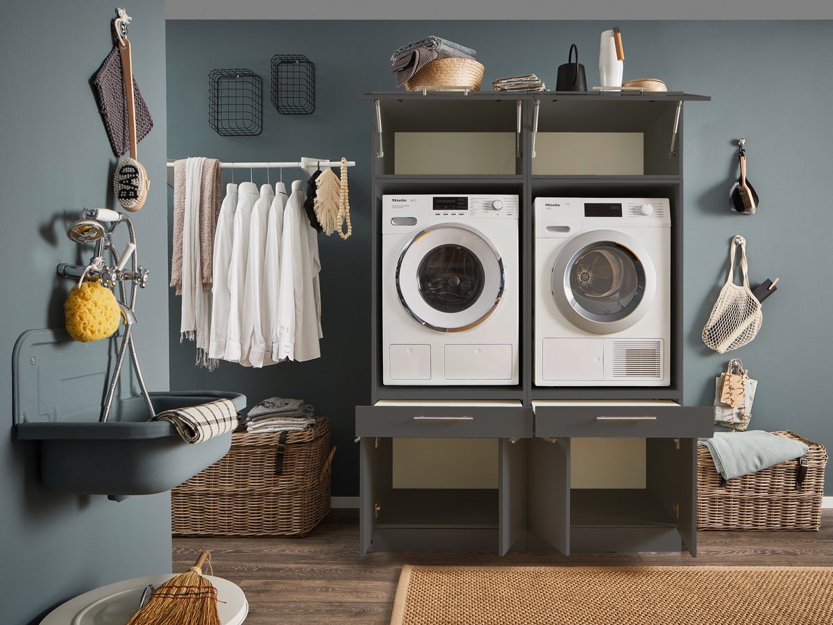 Duo Wasmachine kast met bovenkasten - Wasmachine verhoger - Duo wasmachine meubel - Wasmachine en droger ombouw meubel - Antraciet - Hoogte 200cm - Wasmachine ombouwkast - Met bovenkasten