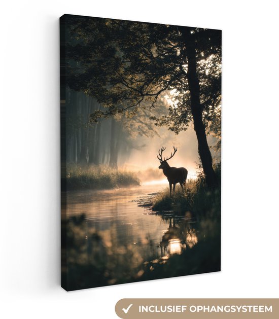 Canvas schilderij 80x120 cm - Exclusieve wanddecoratie Hert - Bosbeek - Mystiek - Muurdecoratie woonkamer - Slaapkamer decoratie - Kamer accessoires - Schilderijen op canvas