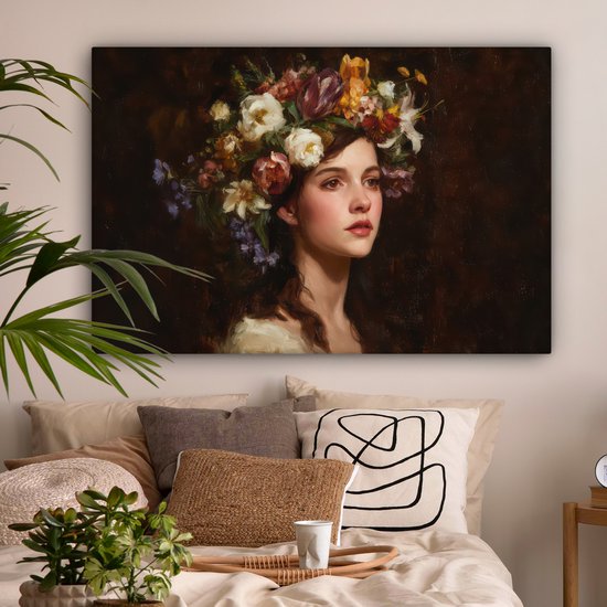 Tableau sur toile 120x80 cm - Décoration murale exclusive - Portrait - Femme - Fleurs - Décoration murale salon - Décoration chambre - Accessoires de décoration - Peintures sur toile