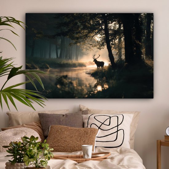 Peinture sur toile 120x80 cm - Décoration murale exclusive Cerf - Ruisseau forestier - Mystique - Décoration murale salon - Décoration chambre - Accessoires chambre - Peintures sur toile
