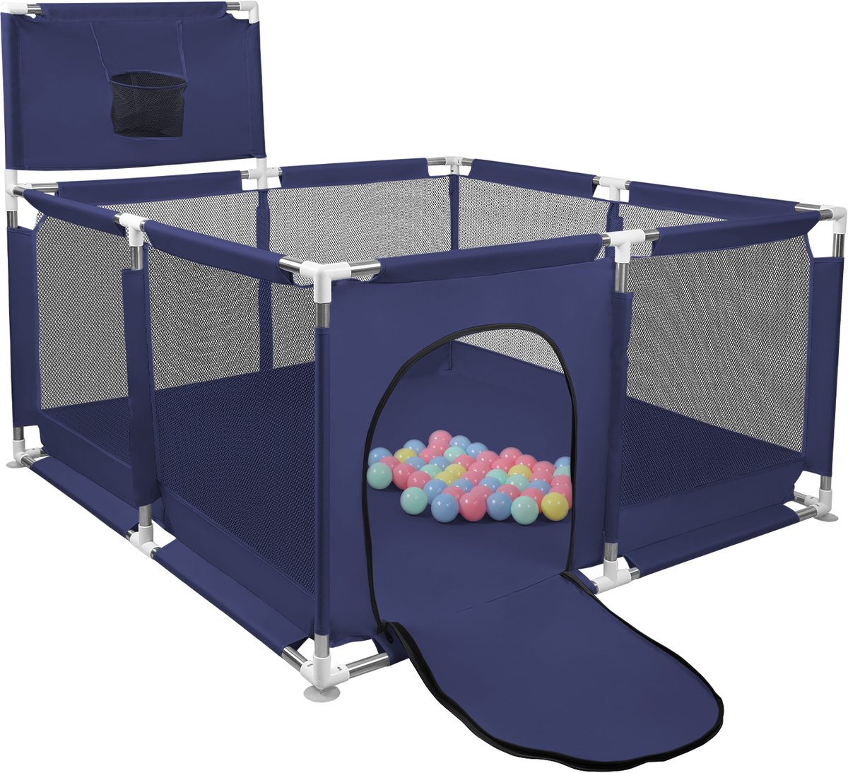 PIPIPOXER Babybox 126*126cm Boxhekje met 50 ballen, basketbalring, antislipbodem-Blauw