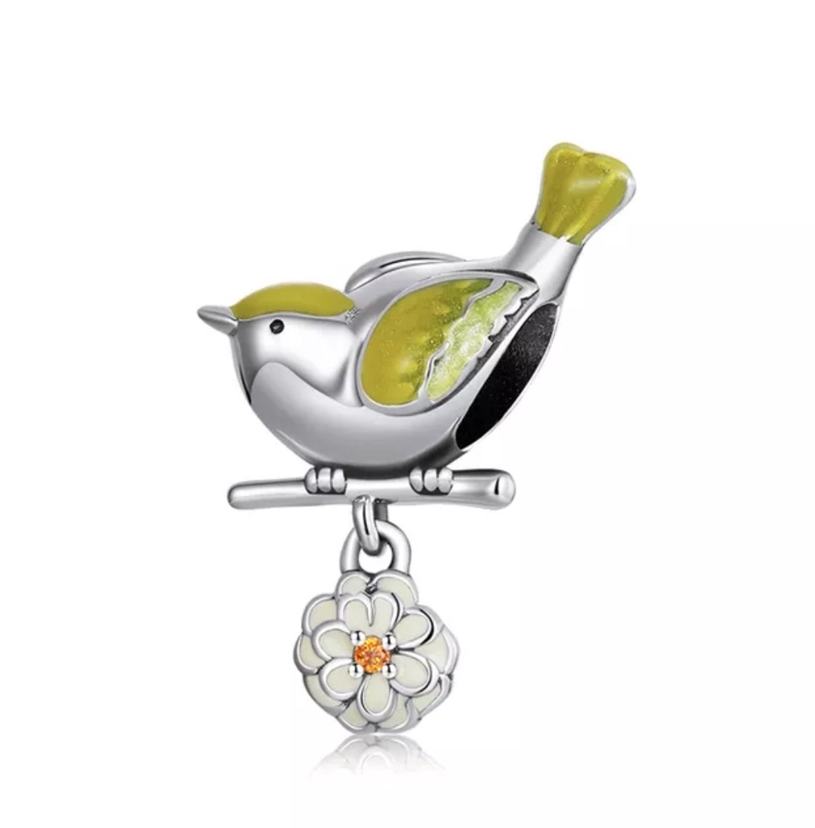 Bedel Vogeltje met Bloemetje - RomyStones - Zilver & Gele Accenten
