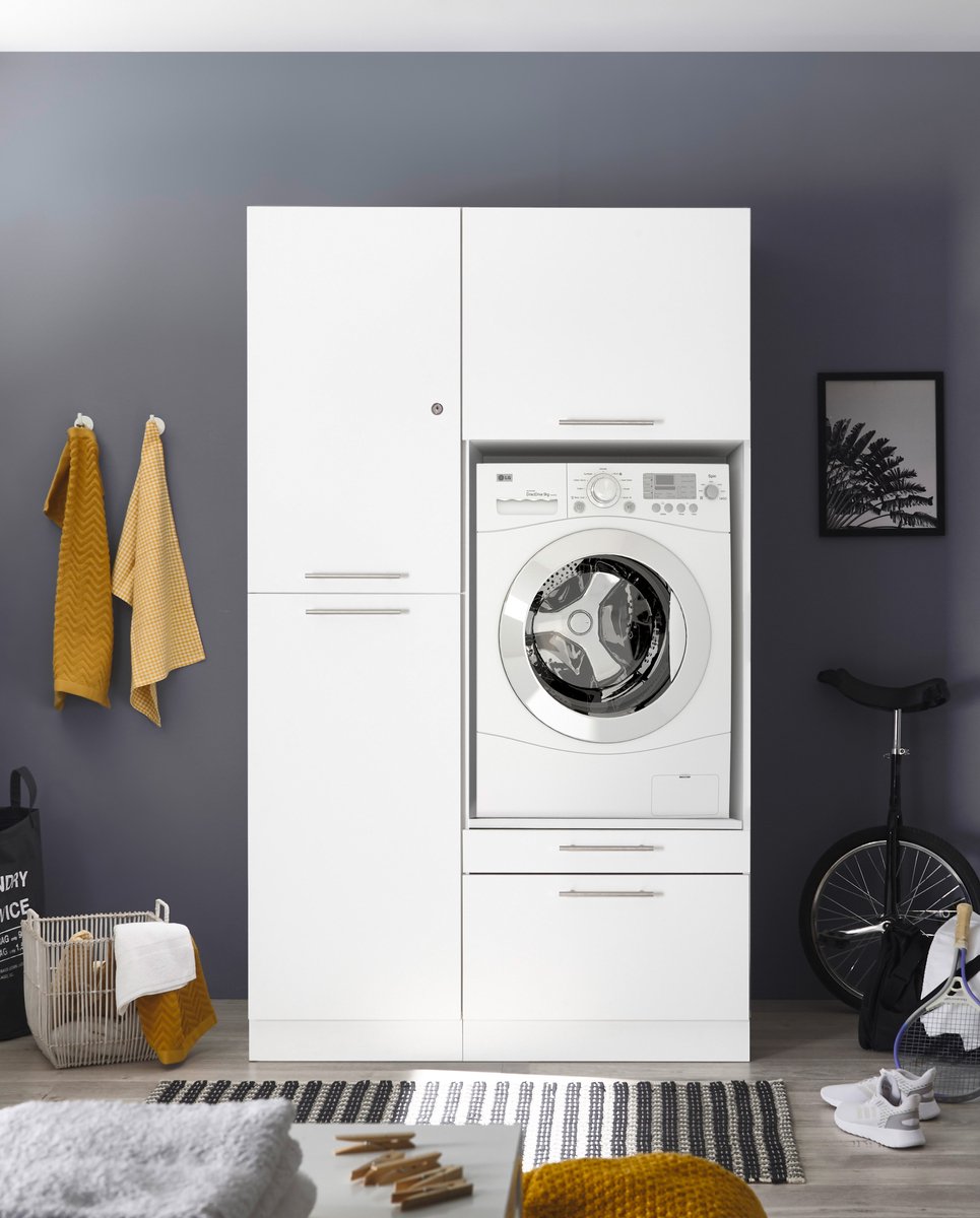 Wasmachine verhoger met lade en Linnenkast met Afsluitbare bovenkast - Wasmachine ombouwkast - Wasmachine kast - Wit - Hoogte 200 cm - Wasmachine ombouw meubel