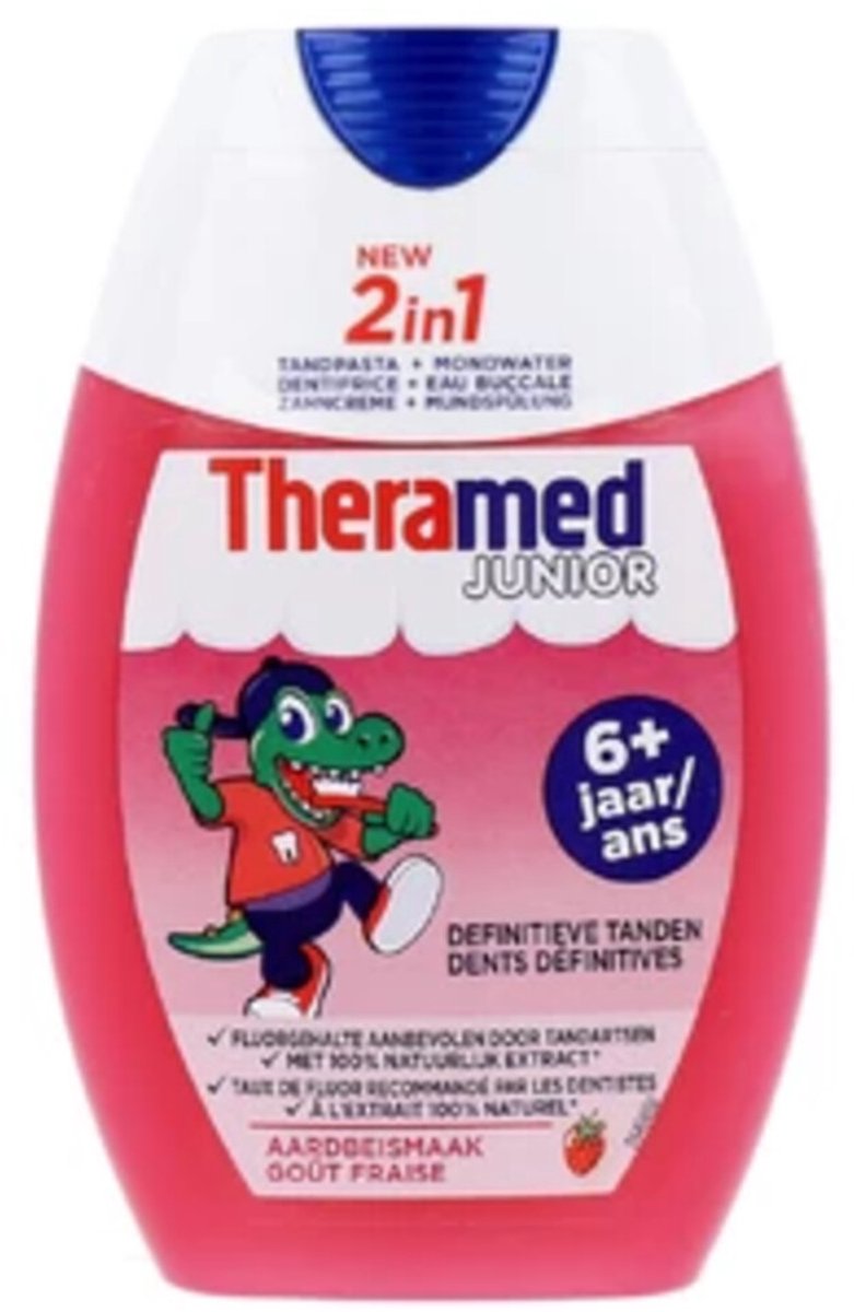 Theramed - Tandpasta 2 in1 Junior Aardbeismaak 6+ - 12 x 75 ml - Voordeelverpakking