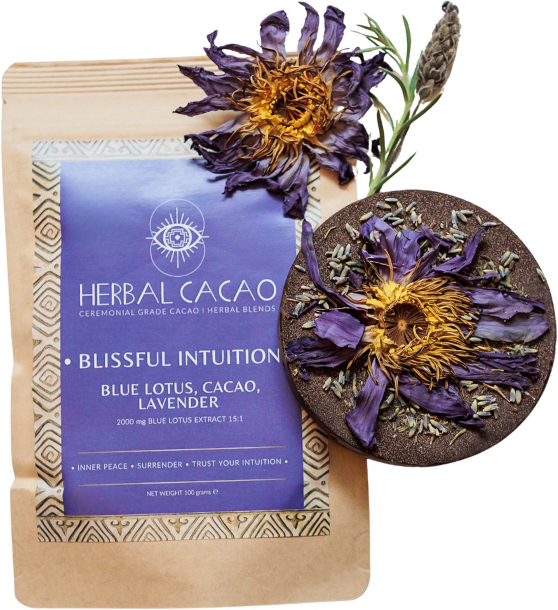 Blauwe Lotus, Ceremoniële CACAO & Lavendel - Blissful Intuition 500g - Mystiek, Kalmerend, Intuïtief, Avond Ritueel - Biologisch, Criollo, Heirloom Cacao, Q’eqchi Maya, Belize - Herbal Cacao