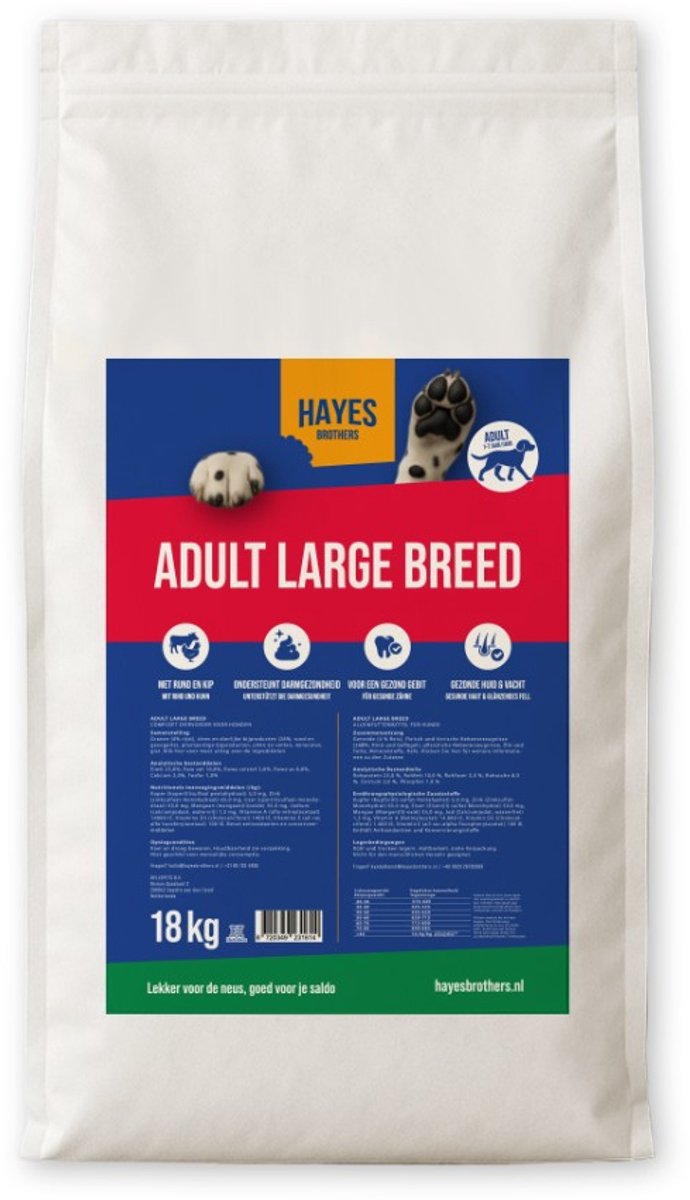 Hayes Brothers Adult Large Rund en Kip 18 kg - Krokante Hondenbrokken - Grote honden, Grote rassen - Volwassen en Senior - 18kg